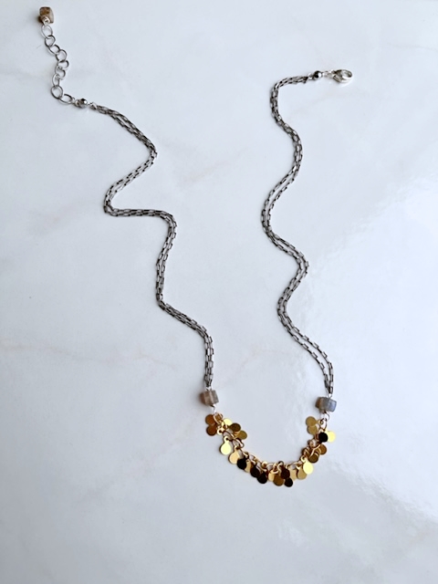 A Gold Dangle, Labradorite Cube, Silver Necklace